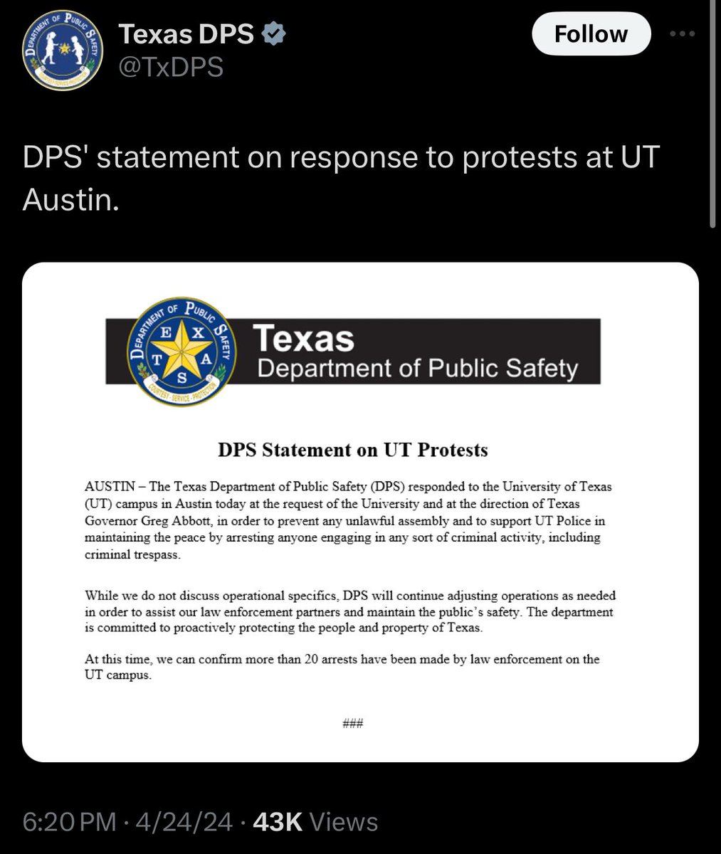 Just so everyone is clear, the Governor of Texas announces he ordered the protestors at the public university arrested because he is discriminating against their viewpoint, and the police confirm they acted at his instance.