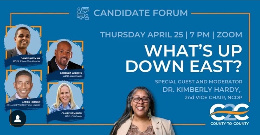 KimberlyHardyNC's tweet photo. Join me &amp; @County2CountyNC tomorrow at 7 p.m. on Zoom to learn about four amazing Eastern NC Democratic candidates for the NC Legislature: Dante Pittman (HD 24), James Mercer (SD 11), Claire Kempner (HD 9), &amp; Lorenza Wilkins (HD 25). https://t.co/HYpy4sD7jD https://t.co/VazQWP87Xh
