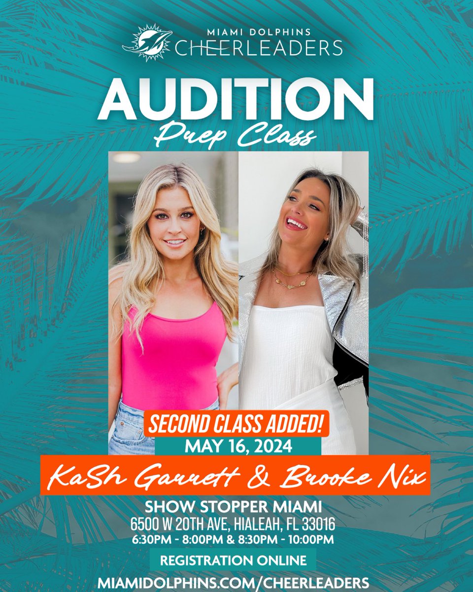 Due to high demand, a second prep class has been added for Thursday, May 16! 😎 Registration for the 8:30-10pm class is open NOW at miamidolphins.com/cheerleaders 🔗