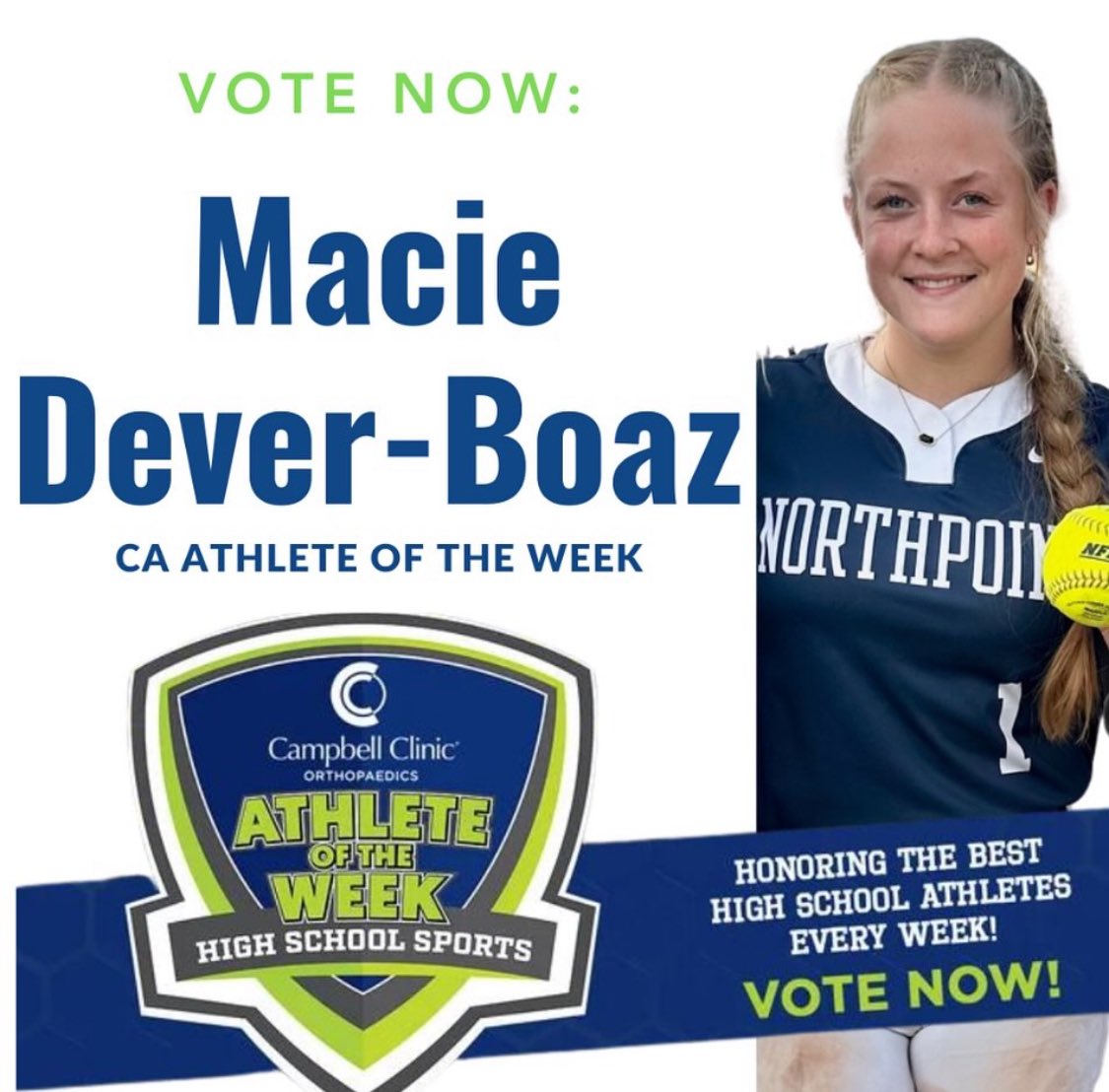 Keep voting…. Macie Dever-Boaz is up for the Commercial Appeal Girl Athlete of the Week ending April 20. You may vote multiple times on the link below from now until 5 pm on Thursday, April 25. Link to vote: commercialappeal.com/story/sports/h…