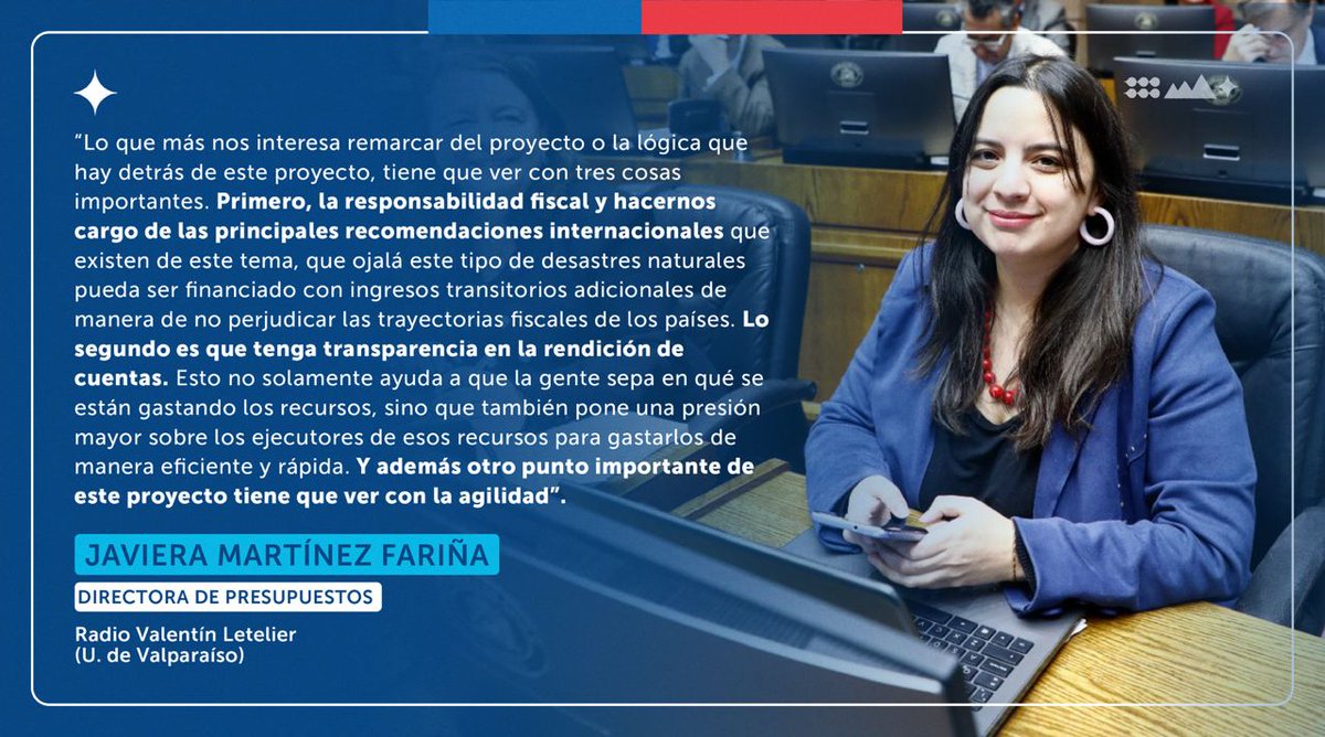 🎙En entrevista con radio Valentín Letelier, perteneciente a la U. de Valparaíso, la directora de Presupuestos, Javiera Martínez Fariña, se refirió al proyecto de ley que crea un Fondo Transitorio para la Reconstrucción.