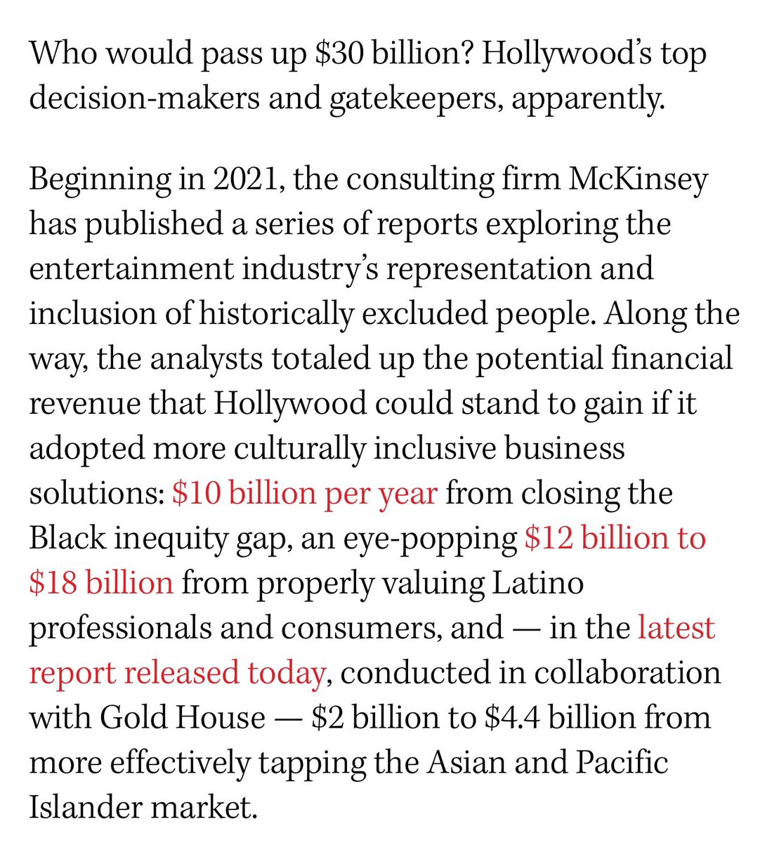 Travon's tweet photo. The fact that every year the same annual report tells the same people (who claim to care so much about money!) where to find an extra 30 BILLION DOLLARS and nothing changes, tells you everything you need to know about the people running Hollywood studios. https://t.co/2ik7wNml49