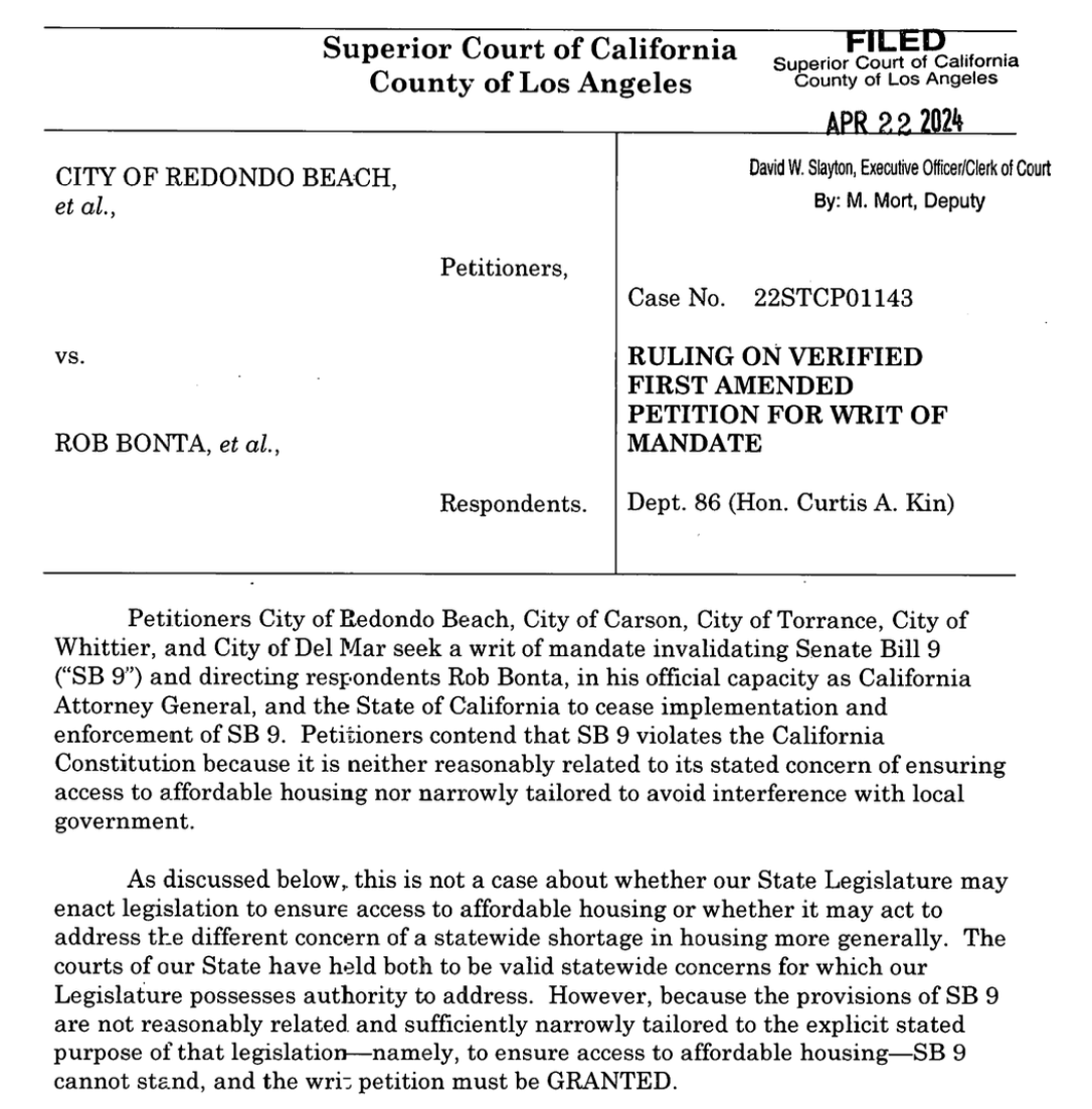 CSElmendorf's tweet photo. New superior court decision holds that California's SB 9 (duplex and lot-split bill) unconstitutionally infringes on charter cities' "home rule" authority. 

It's a weird, narrow decision that turns on a lawyerly sleight of hand. I don't think it will hold up on appeal.🧵/15 https://t.co/iINNwhLAHx