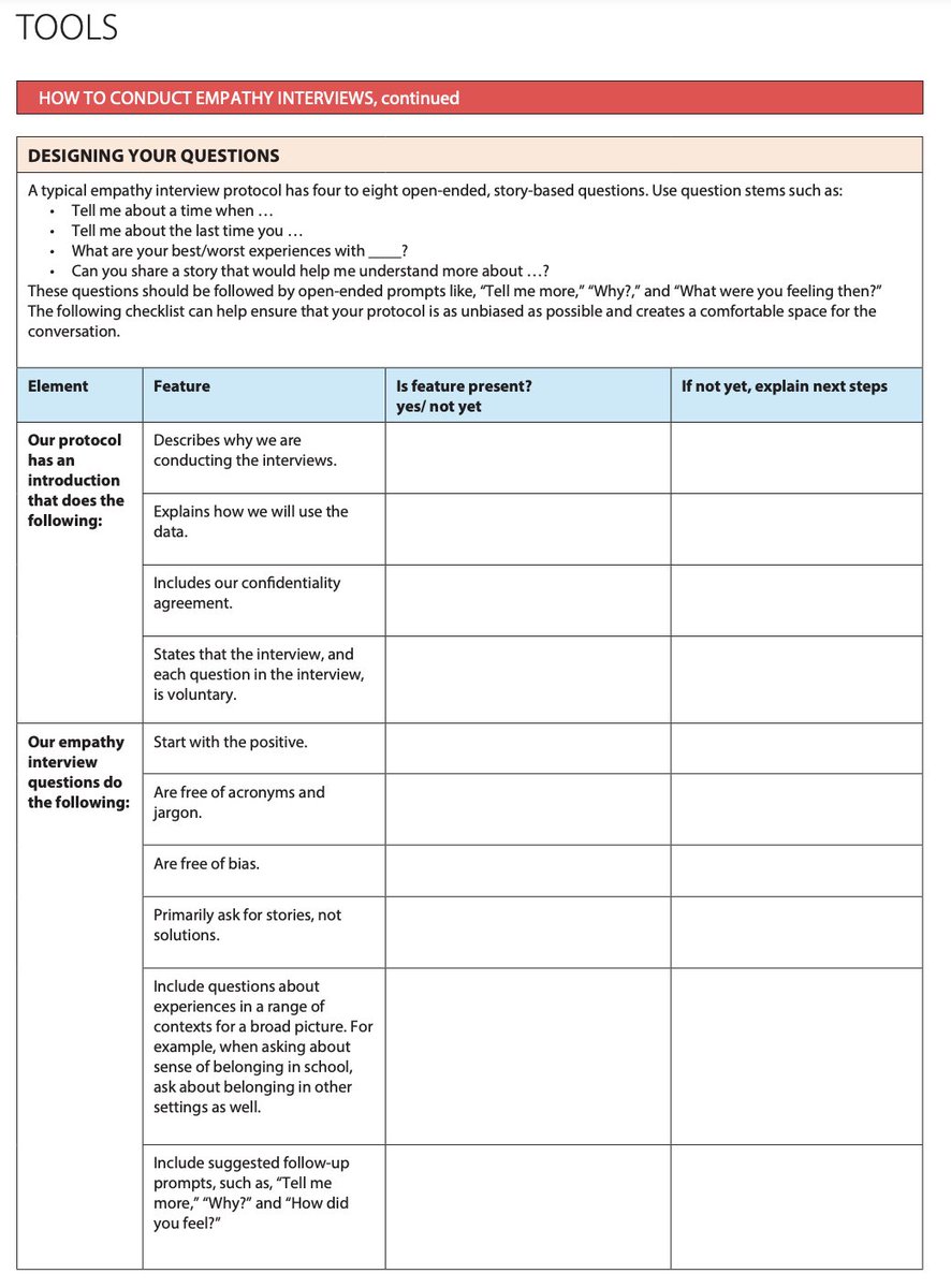 Empathy interviews can help keep your school's improvement plans human-centered. Find a planning tool from @LearningForward at the link! learningforward.org/wp-content/upl…
