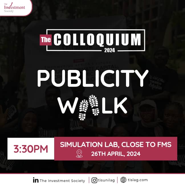 On Friday, our members & friends will be walking around @UnilagNigeria campus to publicize our upcoming #Colloquium2024.

We'll take off from Simulation Lab, close to the Faculty of Management Science by 3pm 🔥

We'll love to see you.

#TheColloquium2024 #PublicityWalk #tisunilag