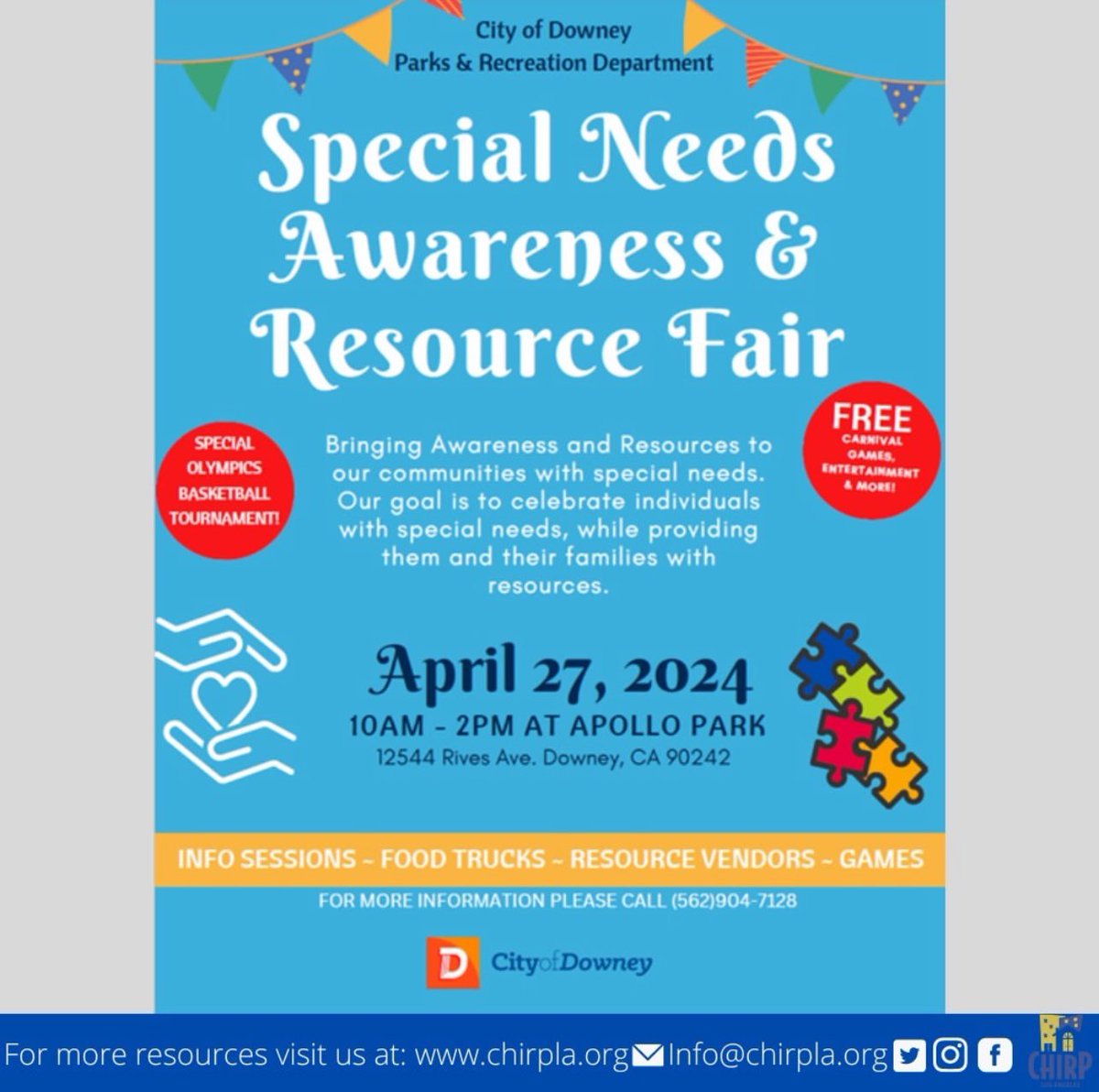 City of Downy is having a Resource Fair for people with disabilities this Saturday! @chirp_la

#resources #resourcefair #peoplewithdisabilities #disabilities #specialneeds #LosAngeles #LACounty