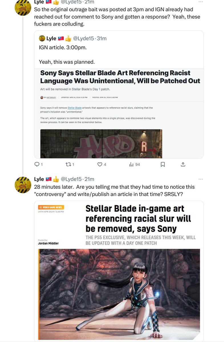 Stellar Blade “Hard R” controversy was MANUFACTURED as a coordinated attack? 

<a href="/IGN/">IGN</a> and <a href="/Kotaku/">Kotaku</a> respond ready with articles , including Sony official responses exactly the moment the screen shot was posted by YouTuber <a href="/manfightdragon/">Lance McDonald</a>.

Impossible for news to get comment and