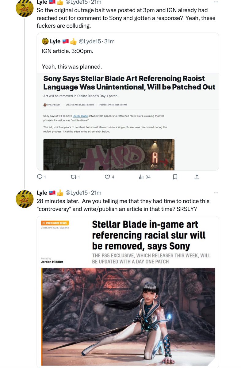 Stellar Blade “Hard R” controversy was MANUFACTURED as a coordinated attack? @IGN and @Kotaku respond ready with articles , including Sony official responses exactly the moment the screen shot was posted by YouTuber @manfightdragon. Impossible for news to get comment and…