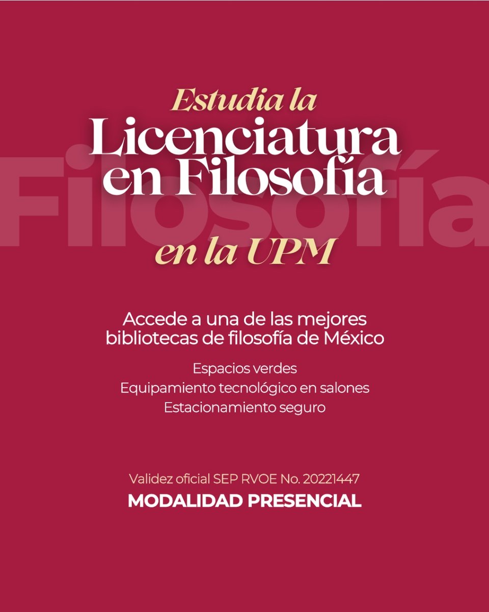 ¡Estudia con nosotros una de las ciencias más antiguas de la humanidad y la más novedosa de todos los tiempos! La filosofía te da herramientas críticas, lógicas y argumentativas para comprender el mundo. Conócenos👉 i.mtr.cool/igutwtgepo +INFO👉 i.mtr.cool/yioaaistgi