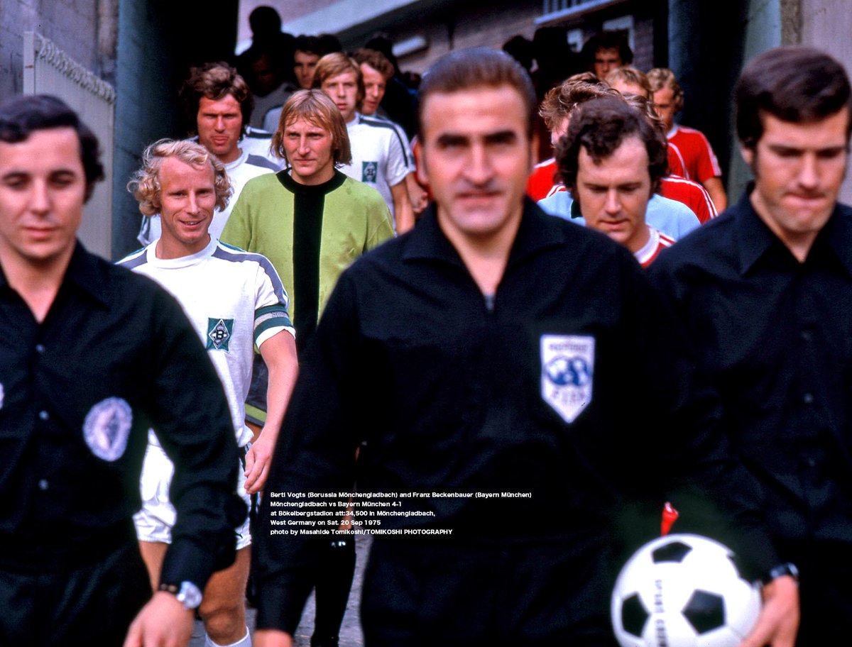 Berti Vogts (Borussia Mönchengladbach) and Franz Beckenbauer (Bayern München) Mönchengladbach vs Bayern München 4-1 at Bökelbergstadion att:34,500 in Mönchengladbach, West Germany on Sat. 20 Sep 1975 photo by Masahide Tomikoshi/TOMIKOSHI PHOTOGRAPHY