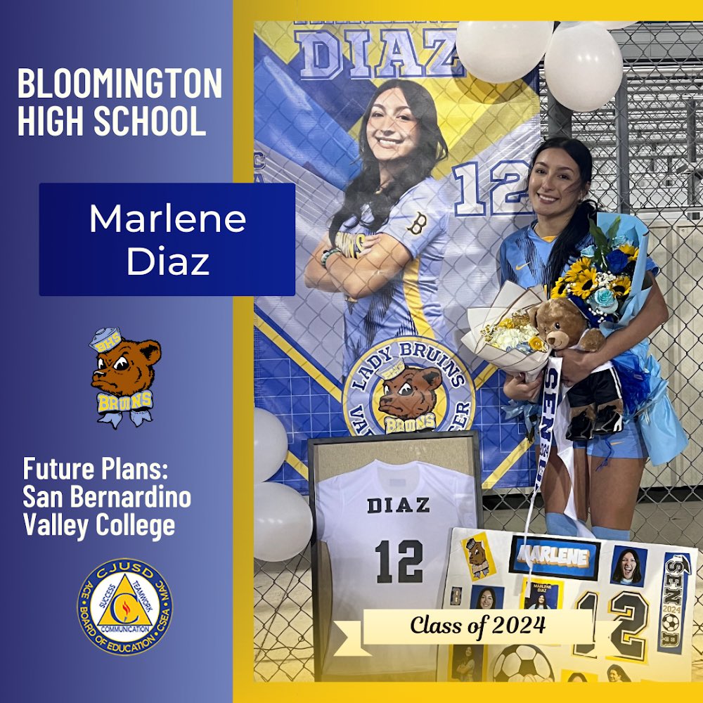 Congrats to Bloomington HS 🎓 senior Marlene Diaz, who plans to attend San Bernardino Valley College! We wish you all the best! #CJUSDCares  #BHS #BHSForSuccess 🐻🎉
Seniors, to be featured in our #CJUSD Class of 2024 Spotlight, fill out the form at bit.ly/CJUSDsenior2024