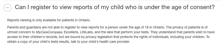 @LifeLabs What privacy legislation are you referring to in your FAQ answer about adding my child to my account? The age of consent for PHIPA is 16 years. What exactly is blocking me from viewing my child's test results?