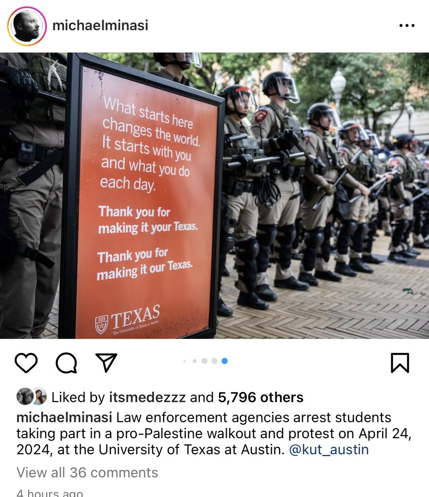 This photo is one that captures what took place on campus, and where we are at this moment— best. The question after today’s events, for all of us affiliated with UT-Austin, is whose Texas is this? Photo cred:@MichaelMinasi