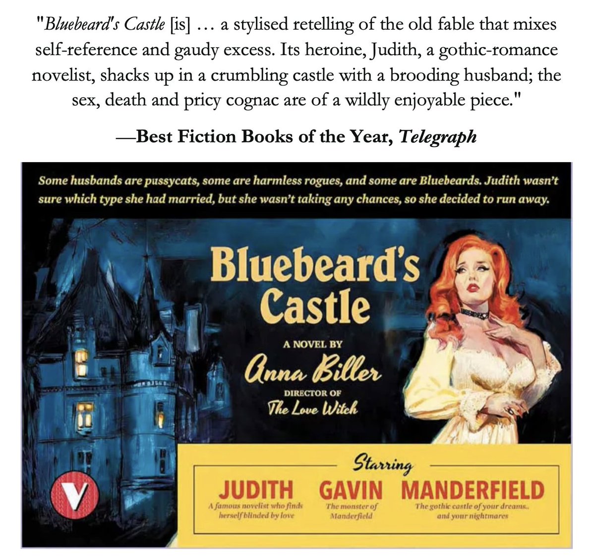 Anna Biller (@missannabiller) on Twitter photo Since #BookTwitter is trending:
My novel Bluebeard's Castle is 20% off on Amazon shorturl.at/tLPT2 and at <a href="/VersoBooks/">Verso Books</a>! shorturl.at/dlmCI I promise you will be suitably scandalized and entertained : ) Since #BookTwitter is trending:
My novel Bluebeard's Castle is 20% off on Amazon shorturl.at/tLPT2 and at <a href="/VersoBooks/">Verso Books</a>! shorturl.at/dlmCI I promise you will be suitably scandalized and entertained : )