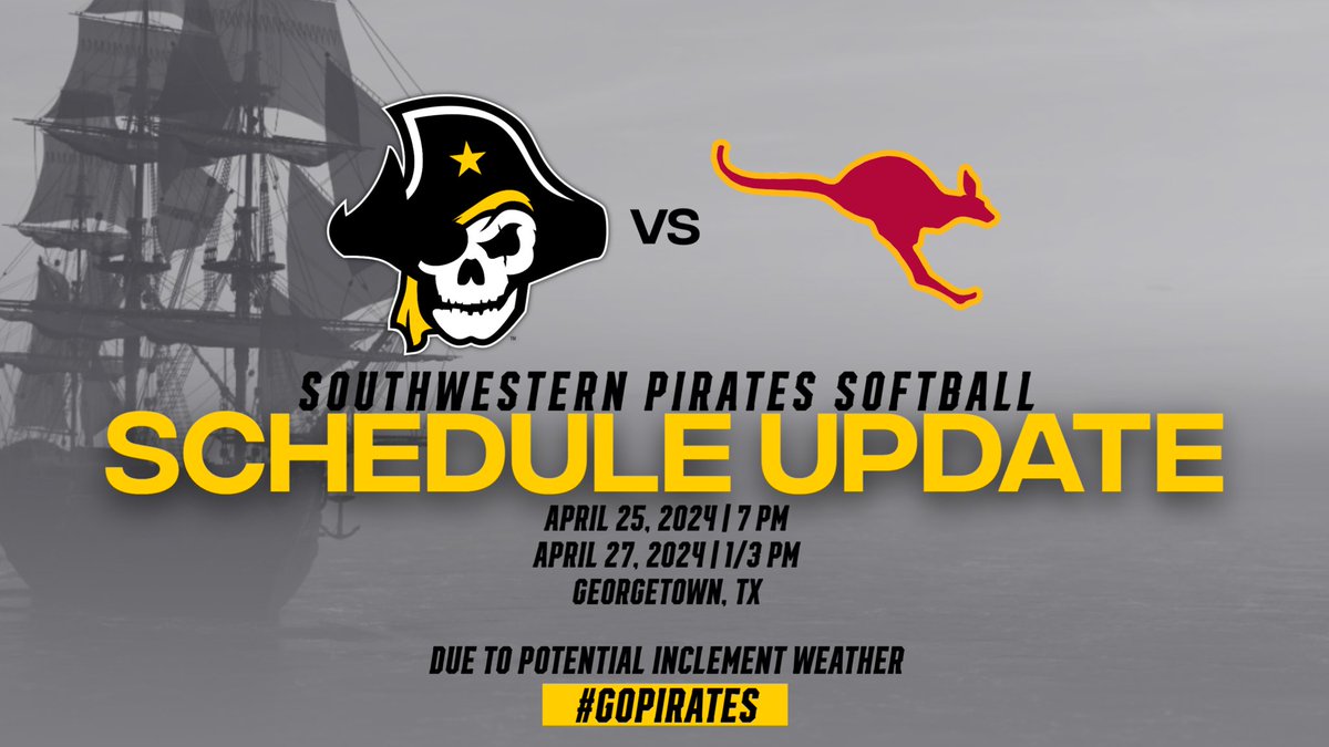 🚨SCHEDULE UPDATE🚨 Due to potential inclement weather this weekend our final @SCAC_Sports series against Austin College has been changed. Tomorrow at 7pm Saturday at 1/3pm (Senior Day!) #GoPirates 🏴‍☠️