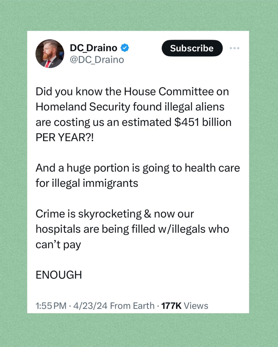 $451 Billion/Year For illegal Alien Heathcare. Do you have free healthcare? x.com/dc_draino/stat…