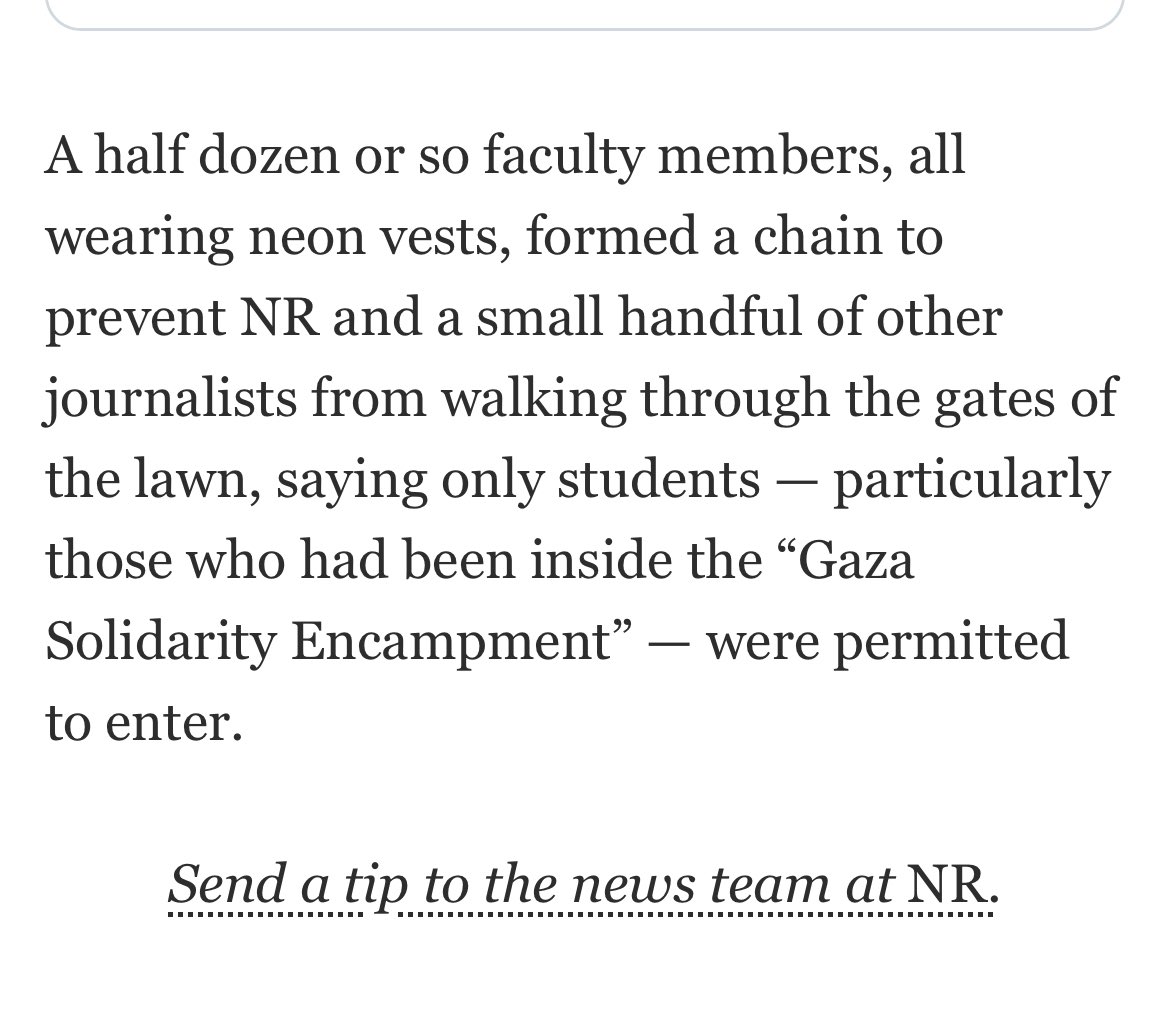 It appears that some Columbia faculty (presumably they’re not from the Journalism School) are acting as guards at the encampment to prevent reporters from entering. Via @zach_kessel nationalreview.com/news/speaker-j…