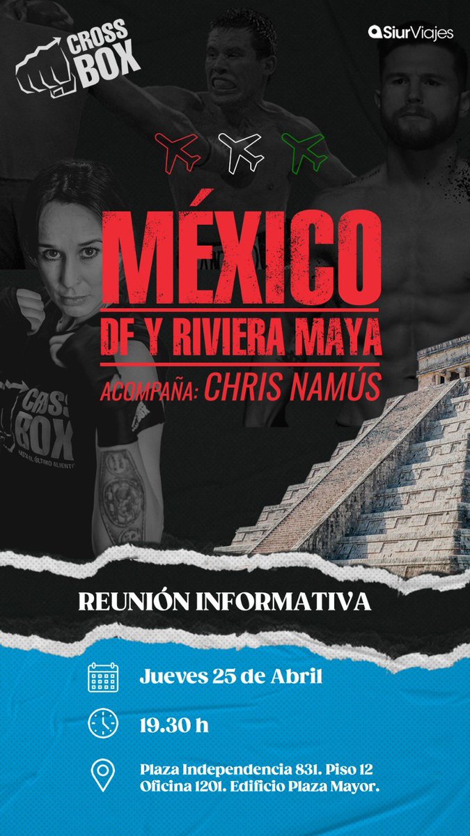 ChrisNamus's tweet photo. Mañana hay charla informativa sobre el viaje que estamos organizando a México junto a Siur Viajes y Crossbox.
Quienes estén interesados, están invitados a la reunión para informarles del itinerario y los costos. 
Nos vemos mañana 19:30 
Plaza Independencia 831. Piso 12. Oficina 1201.