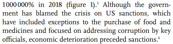 Maybe I don't know how Public Health scholarship works, but if I reviewed a journal article about Venezuela's health crisis that only mentioned sanctions once, only to say that they don't matter, and the only source for that claim was the State Department, I wouldn't publish it!