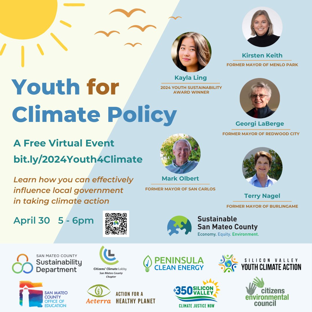 Join Sustainable San Mateo County in addressing climate change locally. Get involved with #MenloPark and neighboring cities at the Youth for Climate Policy online event on April 30, from 5-6 p.m. ♻️ Learn more and register at: bit.ly/2024Youth4Clim…