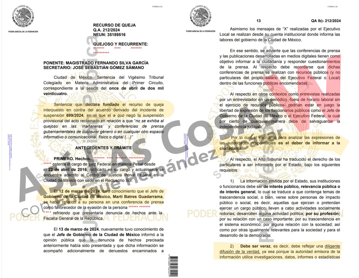 1) OJO: Un Tribunal federal acaba de ordenar al Jefe de Gobierno de la CDMX, @martibatres que ELIMINE de su cuenta de Equis un tuit donde, sin pruebas, acusa a un juez federal de estar del lado de la delincuencia y de poner en riesgo a los ciudadanos...