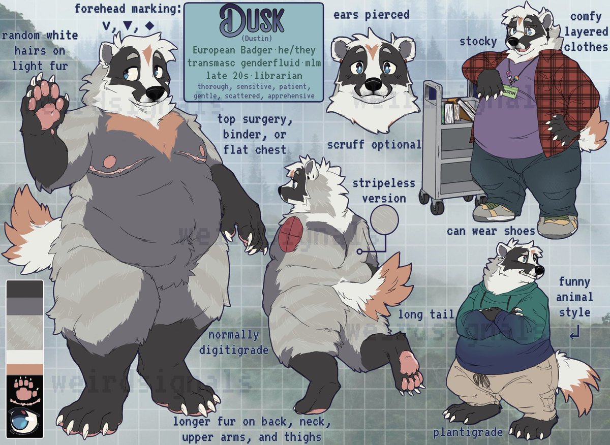 it’s finally badger time again!!! extremely overdue fursona ref update! i found something that clicked and suddenly everything started coming together. such a relief. sorry for the quiet, work + this have been super time consuming!