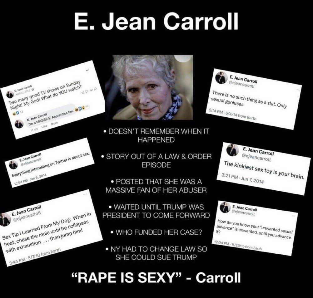 @smaloney924 Just stop!  @ejeancarroll is no victim.  She claims it happened in the mid 1990’s and yet she was a massive fan of President Trump in 2012.  She forgot she posted this and she has accused several other people and thinks rape is sexy. She is obsessed with sex and posts vile stuff.