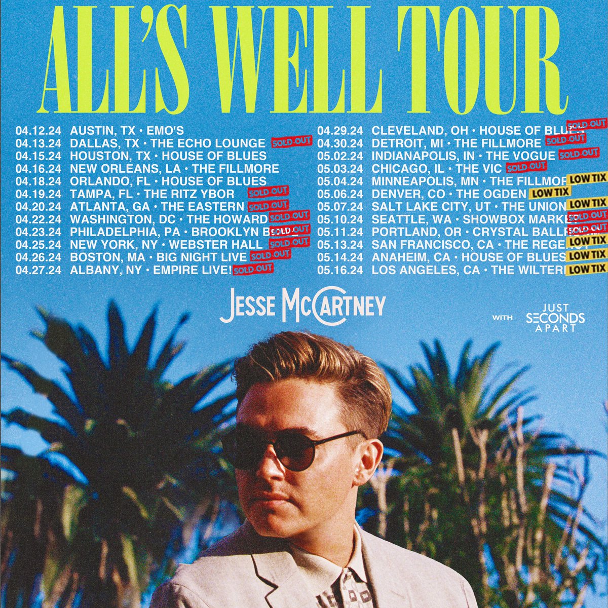 This tour has been better than I could have ever imagined. We’re not even half way through and we’ve sold out just about every show on this tour. A few more tickets are available for Minneapolis, Denver, Salt Lake City, San Francisco, Anaheim and LA: jesse-mccartney.ffm.to/tourtickets.bio