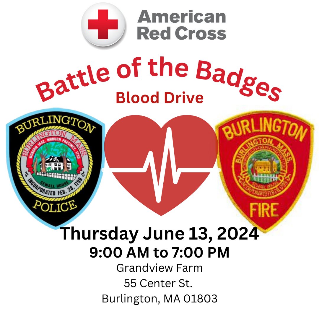Burlington's Battle of Badges Blood Drive is scheduled for June 13th.  Go to: redcrossblood.org/give.html/find…

Schedule your appointment today!

#savealife #DonateBlood #blooddrive 
@RedCrossMA