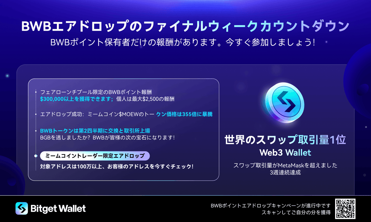 Bitget Wallet(@BitgetWallet)トークンである「 $BWB 」のエアドロップキャンペーンはまもなく終了です😍❤️‍🔥  まだ参加していない方は是非下記のリンクからご参加ください！ ⭐️BWBエアドロキャンペーンに参加 https://t.co/kozbgbgsoi  ⭐️Bitget Walletを作る（無料 ...