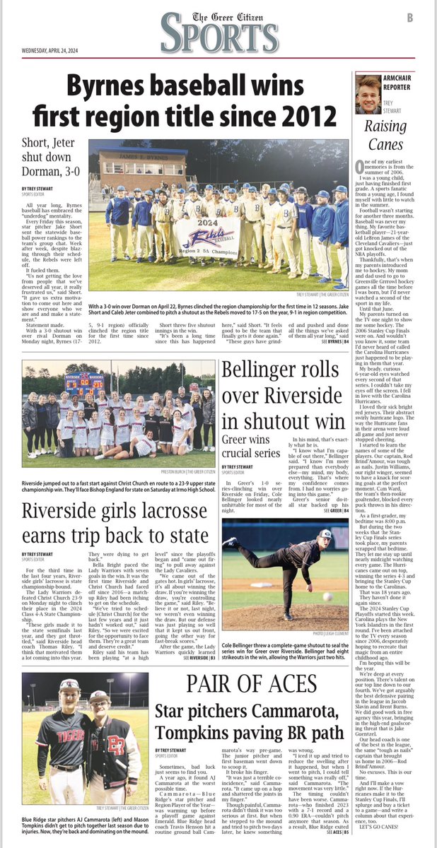 This week’s paper is out. Pretty proud one — 5 sports pages, 13 different stories.

⚾️Baseball region titles, ⚽️soccer game stories, 🥍lacrosse playoffs, 📝player features, ✍️spring signings, 🕦SCHSL shot clock, etc.

As always, really proud of what we’ve got going on here. 😄