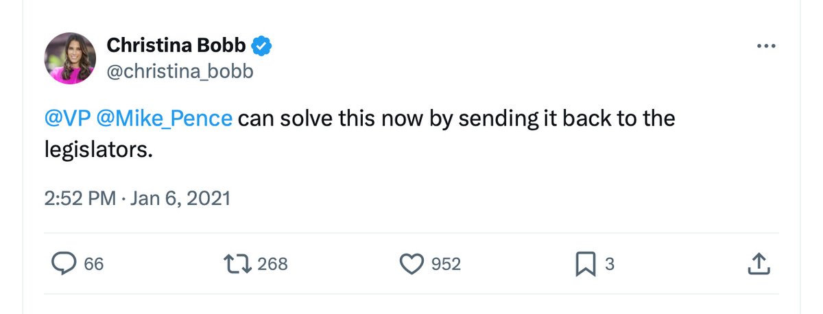 EricKleefeld's tweet image. RNC “senior counsel for election integrity” Christina Bobb just got indicted in Arizona for the 2020 fake electors plot.

Here she was on Jan. 6, 2021, as the Capitol was overrun by rioters — basically extorting Mike Pence to reject the election results, under threat of the riot.