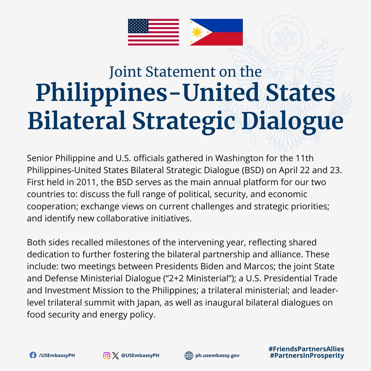 🇺🇸🤝🇵🇭 Read the full joint statement following the 11th Philippines-United States Bilateral Strategic Dialogue: state.gov/joint-statemen… #FriendsPartnersAllies #PartnersInProsperity