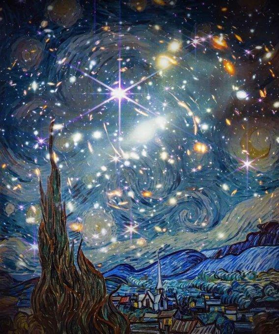 Van Gogh's starry night with the first deep-Space image taken from the James Webb Telescope