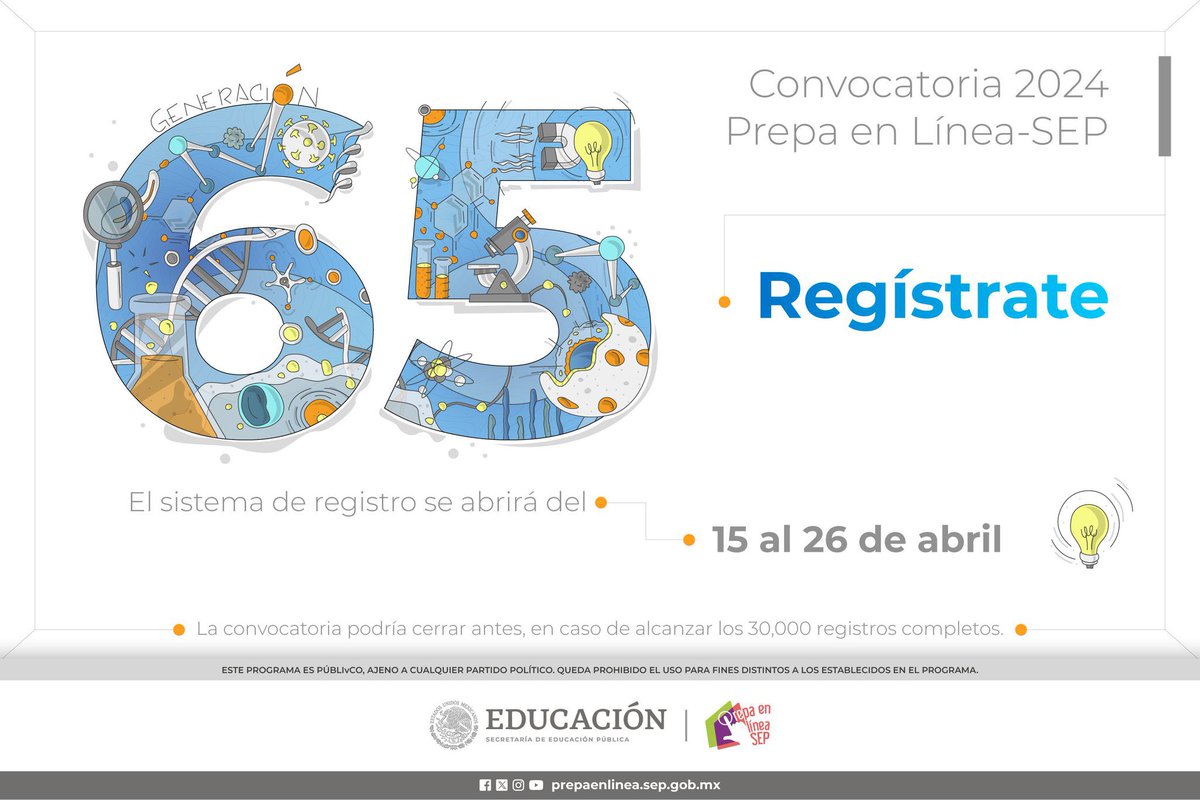 Si necesitas cursar estudios de bachillerato en una modalidad: 📚No escolarizada 📚Virtual 📚Pública 📚Gratuita Consulta la convocatoria de registro de la generación 65 del Servicio Nacional de Bachillerato en Línea, «Prepa en Línea-SEP». 👉🏽 prepaenlinea.sep.gob.mx