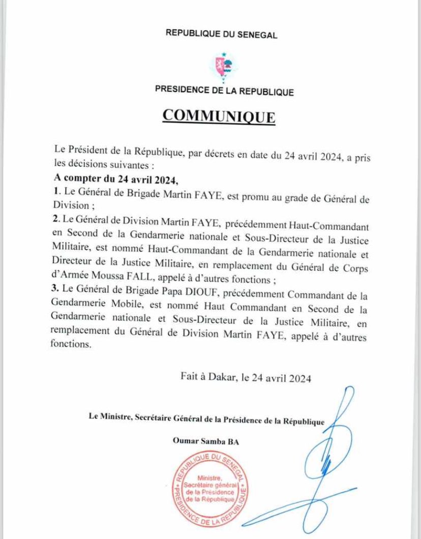GnintiJ's tweet photo. Exit ! #Général #MoussaFALL au conseil des ministres de ce mercredi 24.04.24. Félicitations au général #MartinFAYE (photo) !

#RéparonsLeSénégal https://t.co/Uh7Nb4MQit