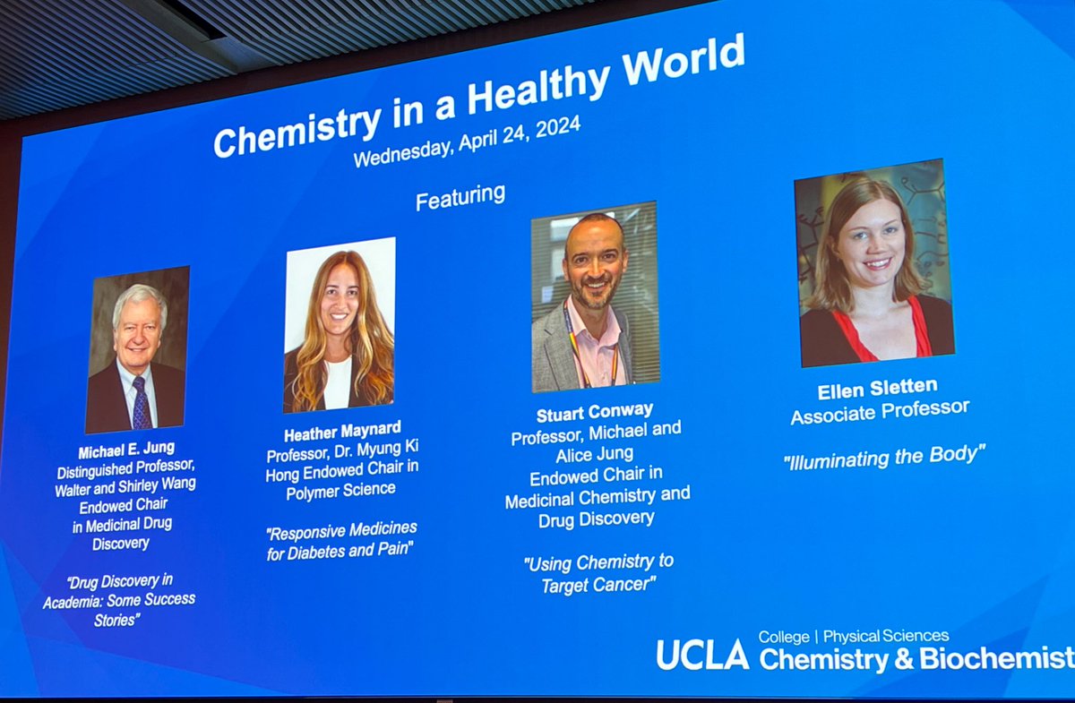 Starting off our exciting #Chemistry in a Healthy World symposium @uclachem with Profs. Mike Jung, @HeatherDMaynard, @EllenSletten, & Stuart Conway @conway_group #medchem @cnsiatucla