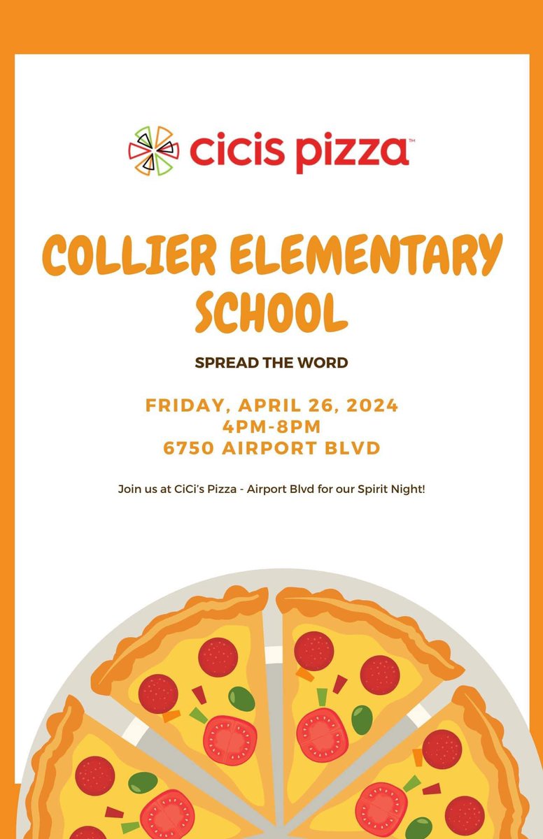 Collier Spirit Night at Cici’s Pizza! Friday, April 26 4-8pm Portion of sales goes back to Collier! #BeeTheImpact #LearningLeading #AimForExcellence #TeamMCPSS