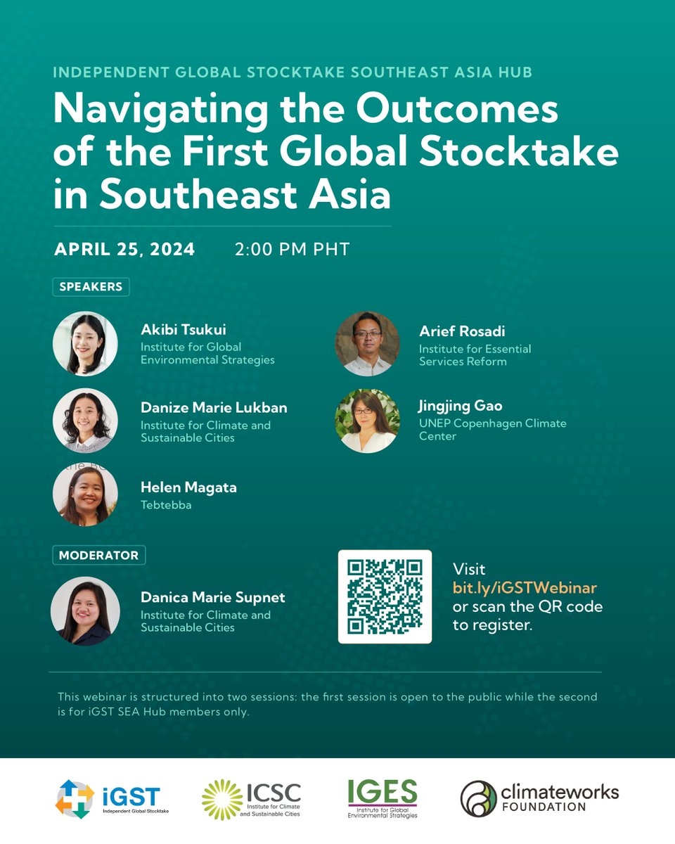 icsc_ph's tweet photo. Following the conclusion of the first #GlobalStocktake in December, the Independent Global Stocktake Southeast Asia Hub (#iGST SEA Hub) invites you to the webinar, “Navigating the Outcomes of the First Global Stocktake in Southeast Asia,” to better understand #GST1 outcomes https://t.co/wUhs2EwaNA
