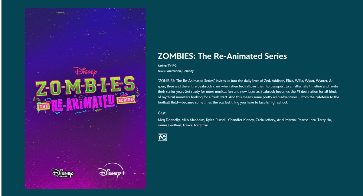 According to ZOMBIES: THE RE-ANIMATED SERIES page at Disney.com the series is rated TV-PG. This is the second time a DTVA series has been rated TV-PG besides The Proud Family: Louder and Prouder. ondisneyplus.disney.com/show/zombies-t… #ZombiesTheReAnimatedSeries