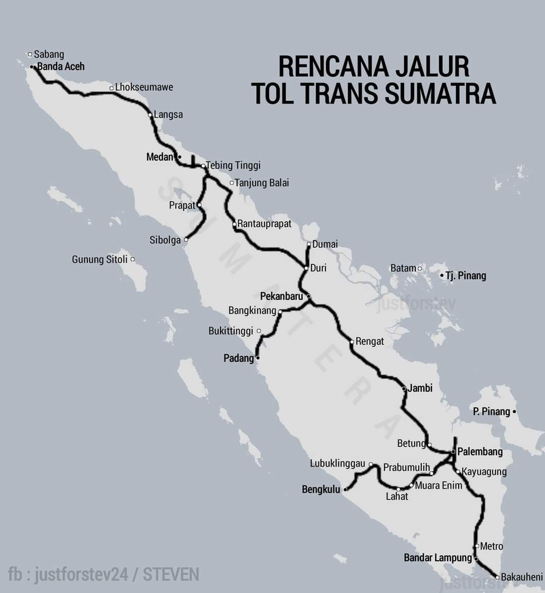 🇮🇩 | Rencana Jalur Tol Trans Sumatra. Jalan Tol Trans Sumatra dg panjang keseluruhan 2.074 km yg akan menghubungkan pintu gerbang sumatra yaitu Bakauheni Lampung sampai ke Banda Aceh. kalo ada jembatan di selat sunda enak langsung ke jawa