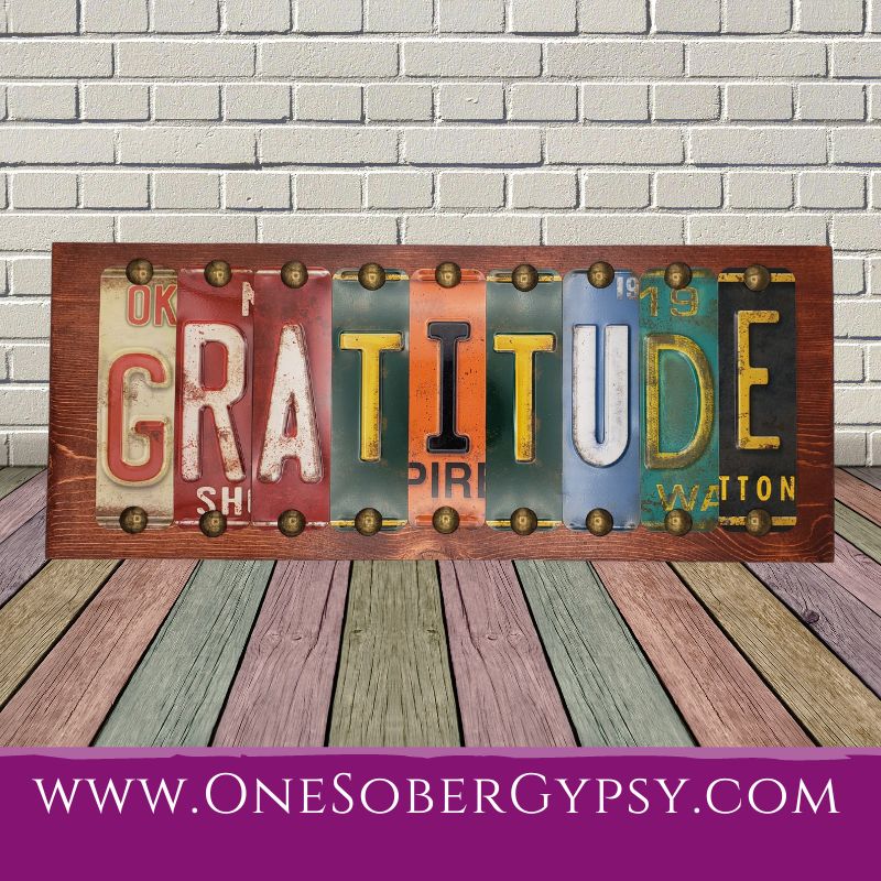 Share the spirit of #gratitude with this handmade license plate sign that celebrates recovery. Solid wood and ready to hand indoors or outside! l8r.it/4DuW 🌼🌻🌷 #AAgifts #recoverystore #sobergifts #AA #livingsober #celebraterecovery #NA #recoverygifts