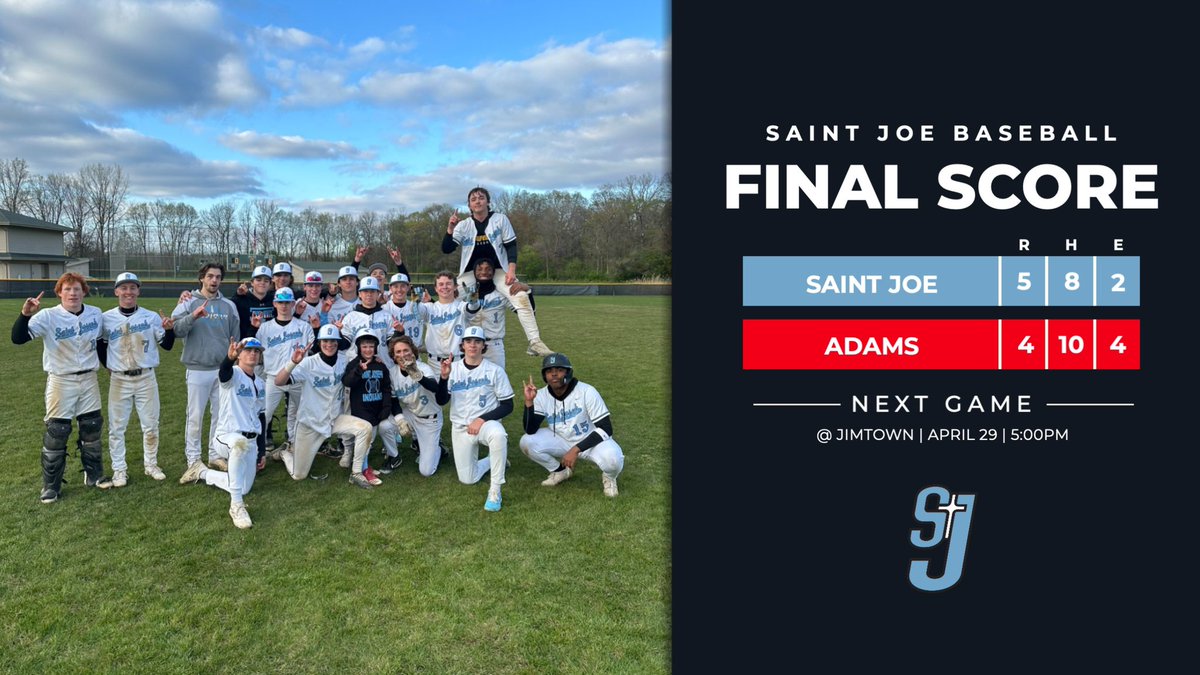 SaintJoeSports's tweet photo. .@SaintJoeBsball walks-off Adams, winning 5-4! With 2 outs in the bottom of the 7th inning, Franco Biffle crushes a double to the wall, scoring two runs to tie the game. Holden Hardisty rips the game-winning hit over the outfielders head to seal the victory!

Read more here: https://t.co/fPobosJqpa