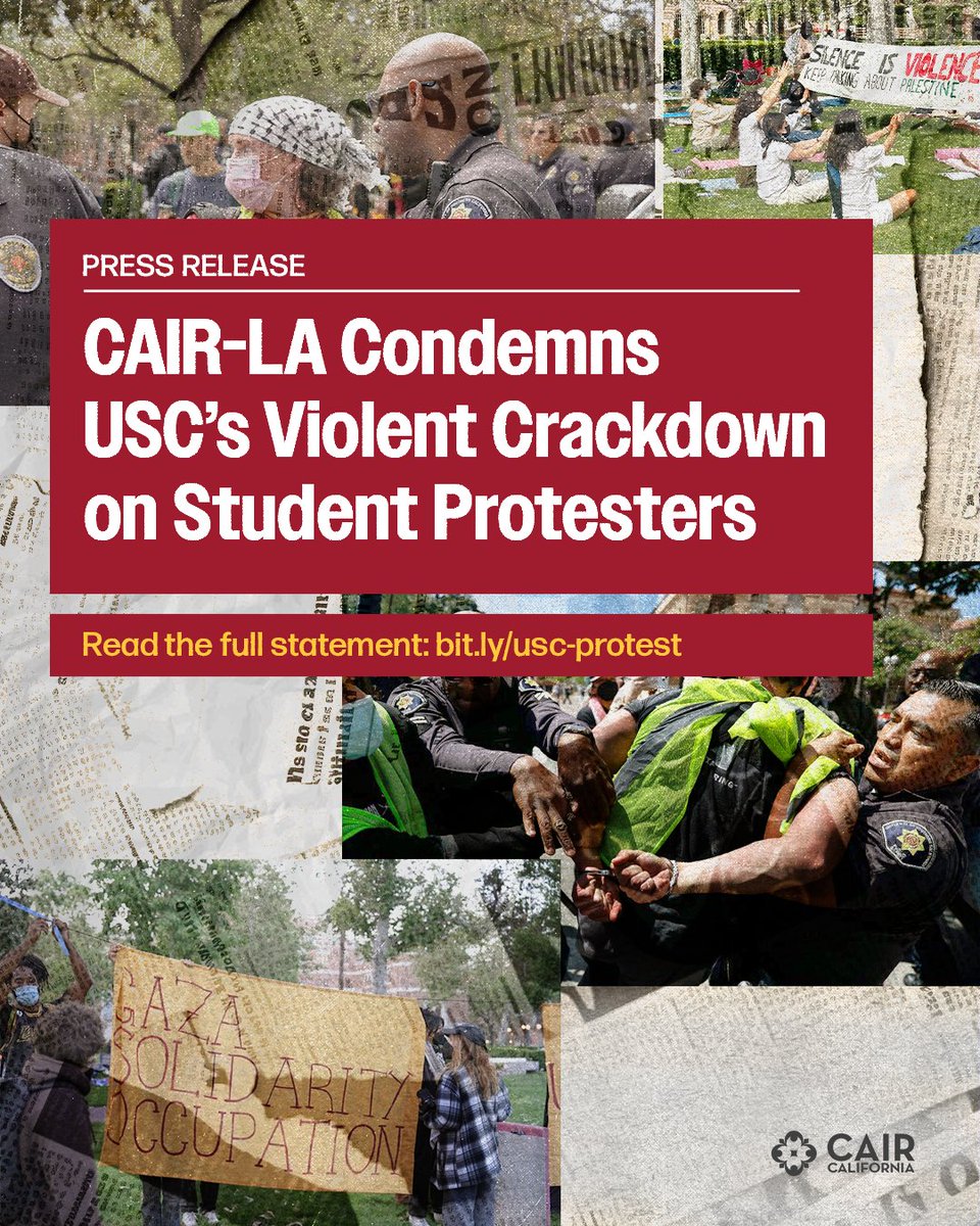 #CAIRLA condemns @USC's crackdown and alleged use of excessive force on students during an on-campus protest and demands the administration adhere to its values of protecting the free speech rights of its students. Lean more: bit.ly/usc-protest 📸: Courtesy of @dailytrojan