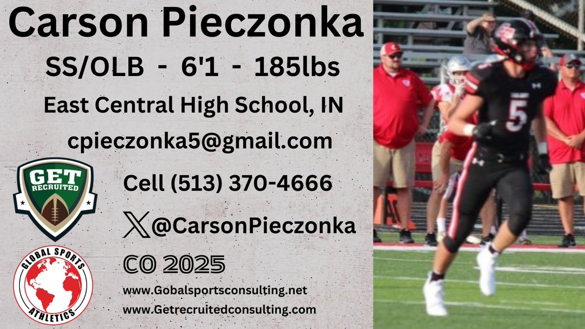 Carson Pieczonka, CO 2025 - SS/OLB - 6'1, 185lbs - 3.9 GPA - Fast, athletic, instinctive, great ball skills. East Central HS, IN. Profile: getrecruitedconsulting.com/recruit/carson… @CarsonPieczonka @1of1lifeskills @UIndyFB @Mckendree_FB @QUHawksFootball @DU_Football @SVSU_Football @gscworldwide 3