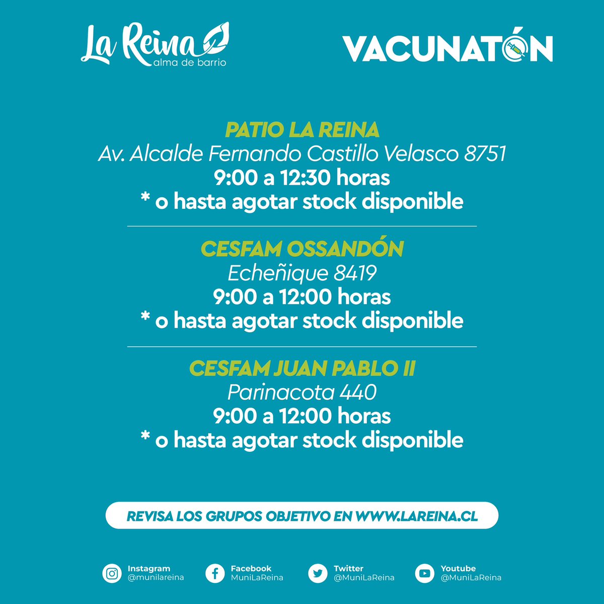 SÁBADO DE VACUNACIÓN 💉 ✅ ¡Porque muchos de ustedes lo siguen pidiendo! Este sábado 27 de abril continuaremos con operativos a través de nuestros equipos de @corplareina desplegados en distintos puntos de la comuna. 🧑🏻‍💻👩🏻‍💻 REVISA GRUPOS OBJETIVO: lareina.cl/vacunacion2024/