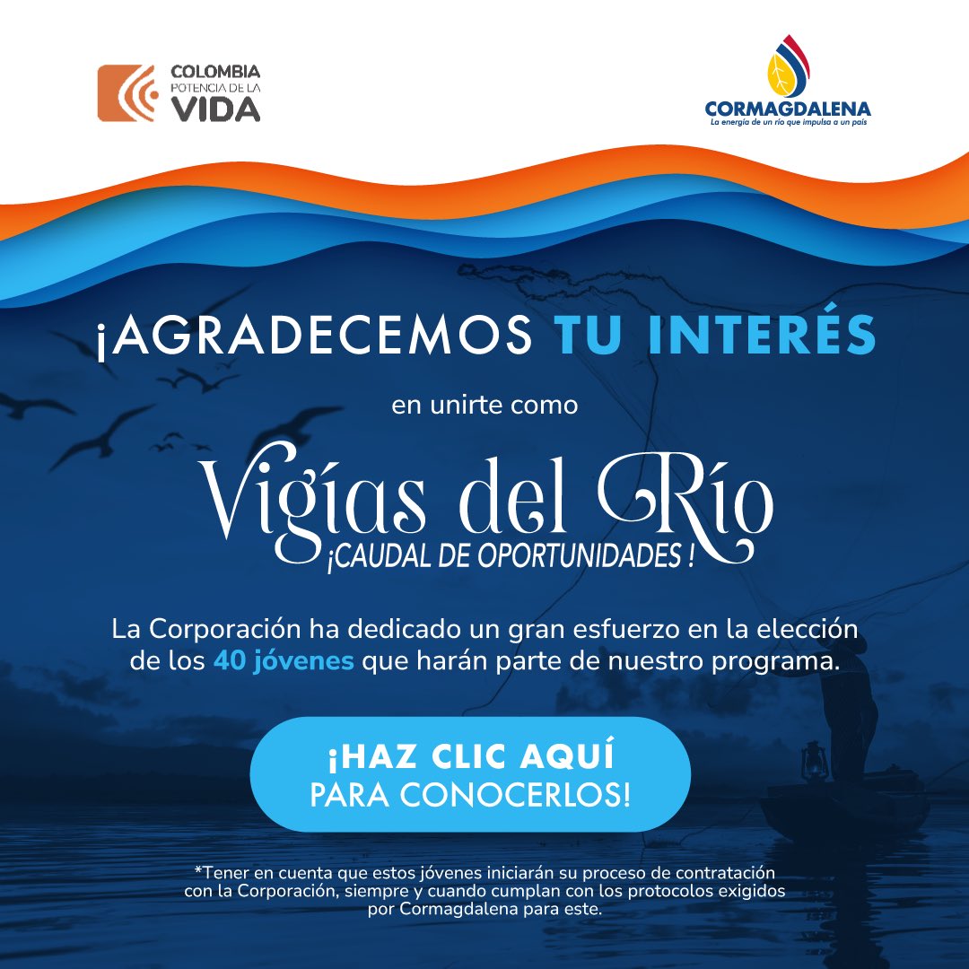 ¡Agradecemos tu interés en unirte como Vigías del Río! Haz clic aquí para conocer a los 40 jóvenes que harán parte de nuestro programa ➡️ cormagdalena.gov.co/vigias-del-rio/