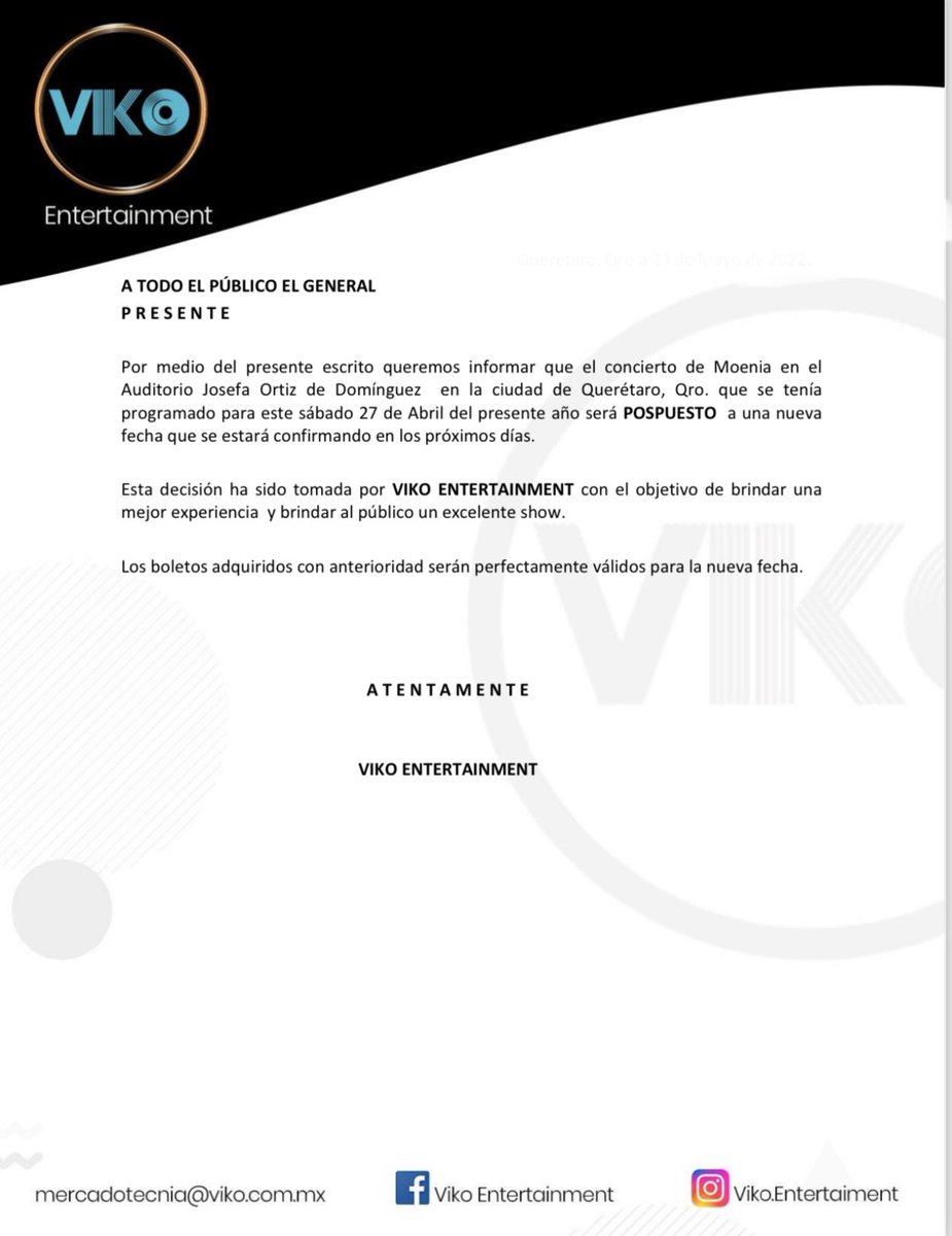 vikoqro's tweet photo. 🚨🚨Información del concierto de Moenia en Querétaro🚨🚨
Cambia de fecha para su mayor comodidad 📅
Los boletos adquiridos serán útiles para la nueva fecha 🎫 https://t.co/52q1AO6Wbj