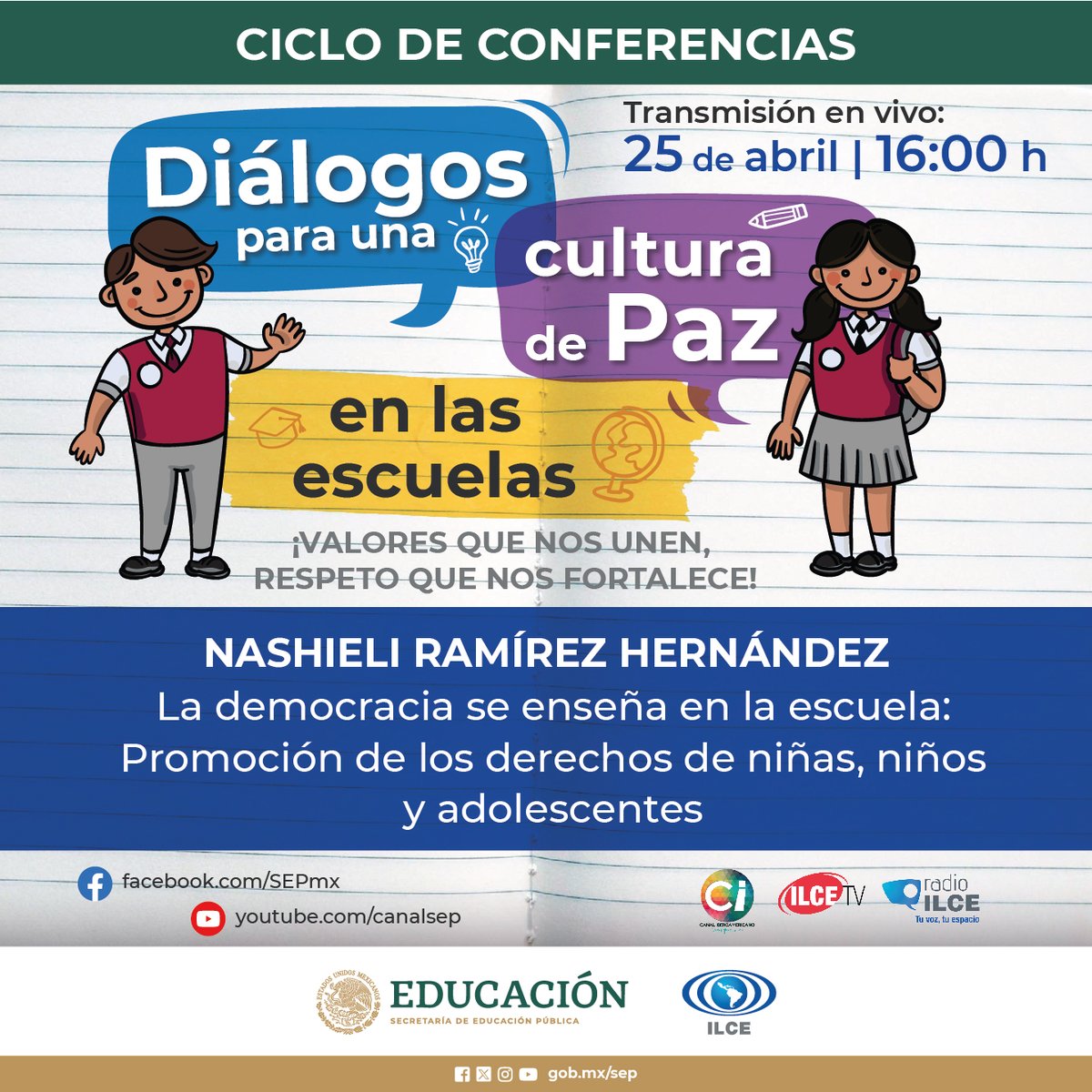 ¡Ya es mañana! 🤩🙌🏼 🏫🕊️ Sigue la transmisión de la conferencia 'La democracia se enseña en la escuela: Promoción de los derechos de niñas, niños y adolescentes'. 👧🏻👦🏻 📌 A través de nuestras plataformas digitales y del @ILCEedu.