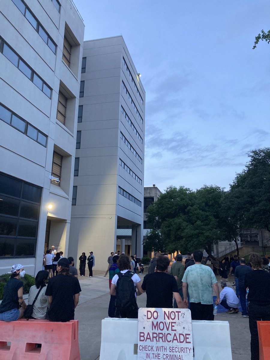 People wait outside the Travis County Jail for people arrested during a peaceful, pro-Palestinian protest at UT Austin today to be released. Attorney George Lobb, who’s coordinating the effort to release students, says one charge he expects them to face is criminal trespass.